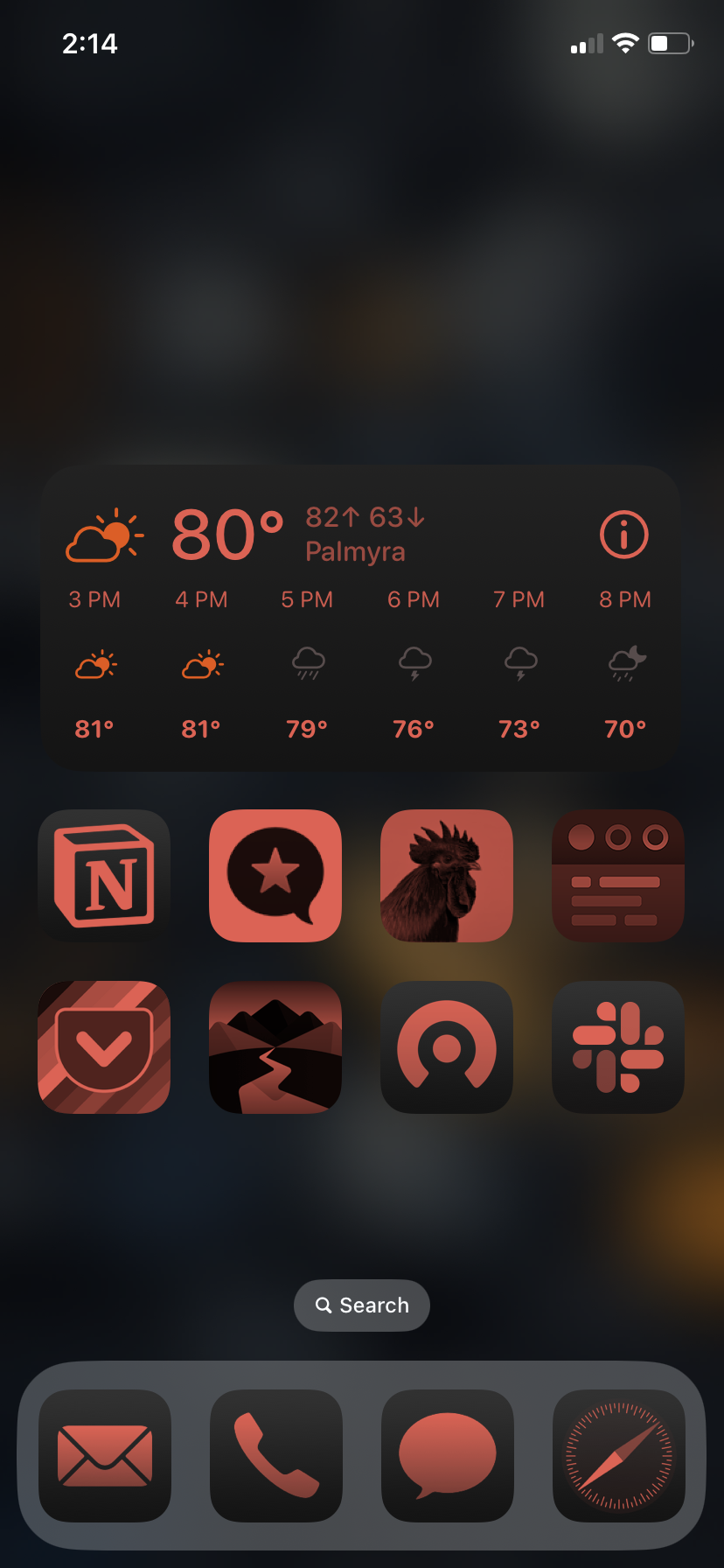 Screenshot of my iPhone Home Screen tinted orange with large icons.